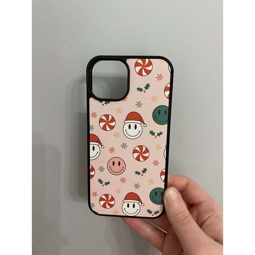 iPhone 14 Case Unisex Pink Christmas‎ Smiley Face Peppermint Holiday Retro